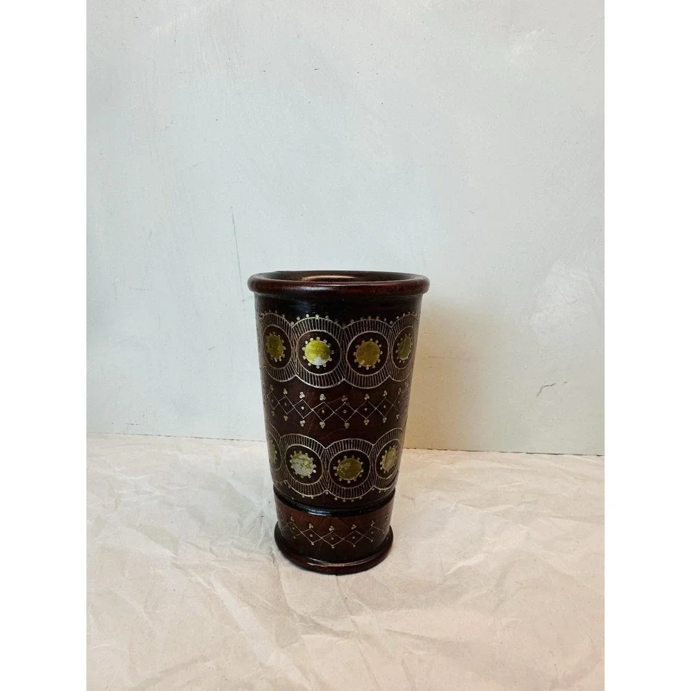 Vintage Soviet-era Russian uskul brass inlay wood pencil cup/vase 4.25